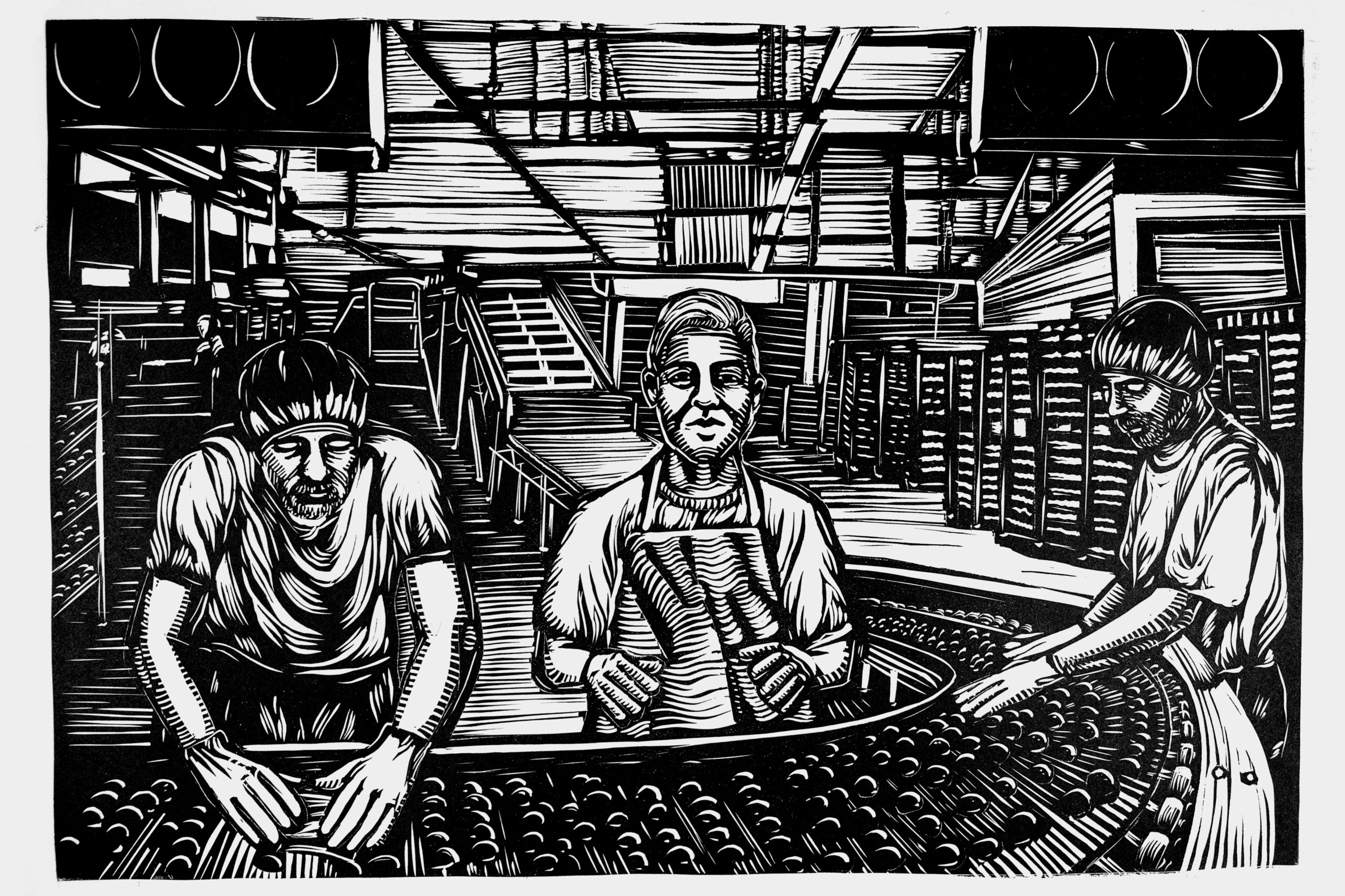 black and white print of factory line workers