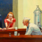 a segment of Nighthawks by Edward Hopper, an artwork that shows a man in a blue suit and grey fedora sitting next to a redheaded woman in a red dress being served at a bar by a man in a white hat and coat