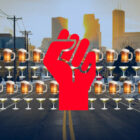 A red cartoon fist is edited on top of rows of beer and martini emojis in front of the MInneapolis skyline
