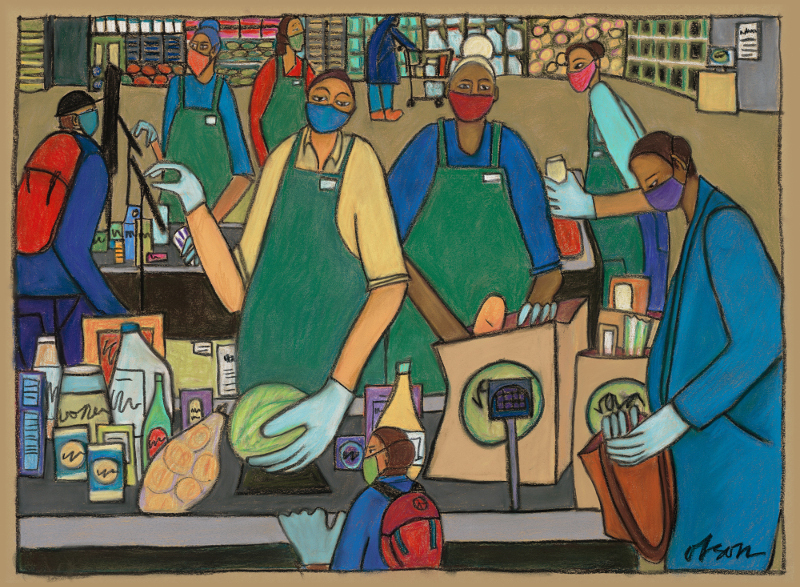 pastel work of art displaying grocery store workers in green aprons bagging and cashiering for customers