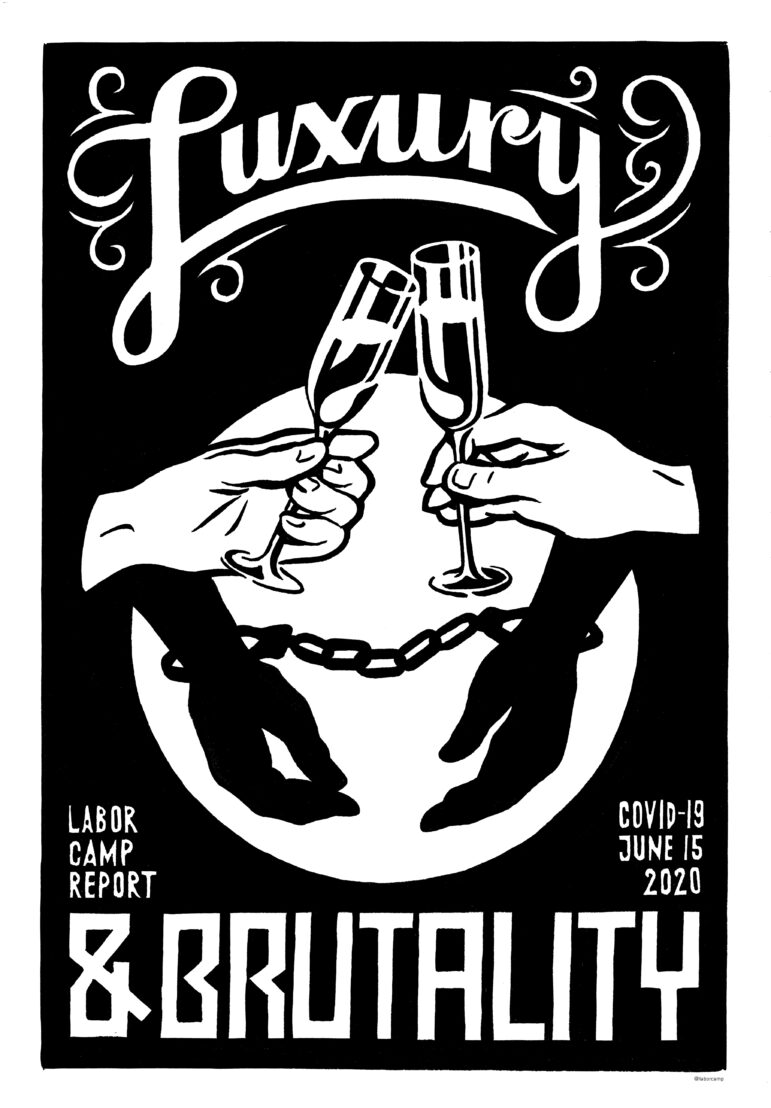 A black and white poster with two champagnes glasses clinking and two hands in shackles that reads, "Luxury & Brutality" by Szyhalski