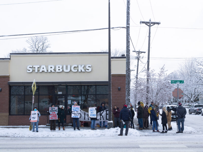 Starbucks workers on strike on outside of a shop in St. Paul, Minnesota.