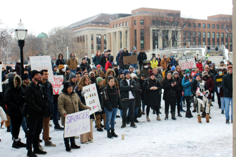 On February 20, a crowd of graduate workers and supporters form for a rally outside Coffman Memorial Union to announce union drive.