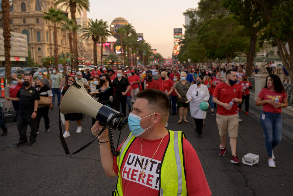 A worker from UNITEHERE! leads a demonstration in Las Vegas.