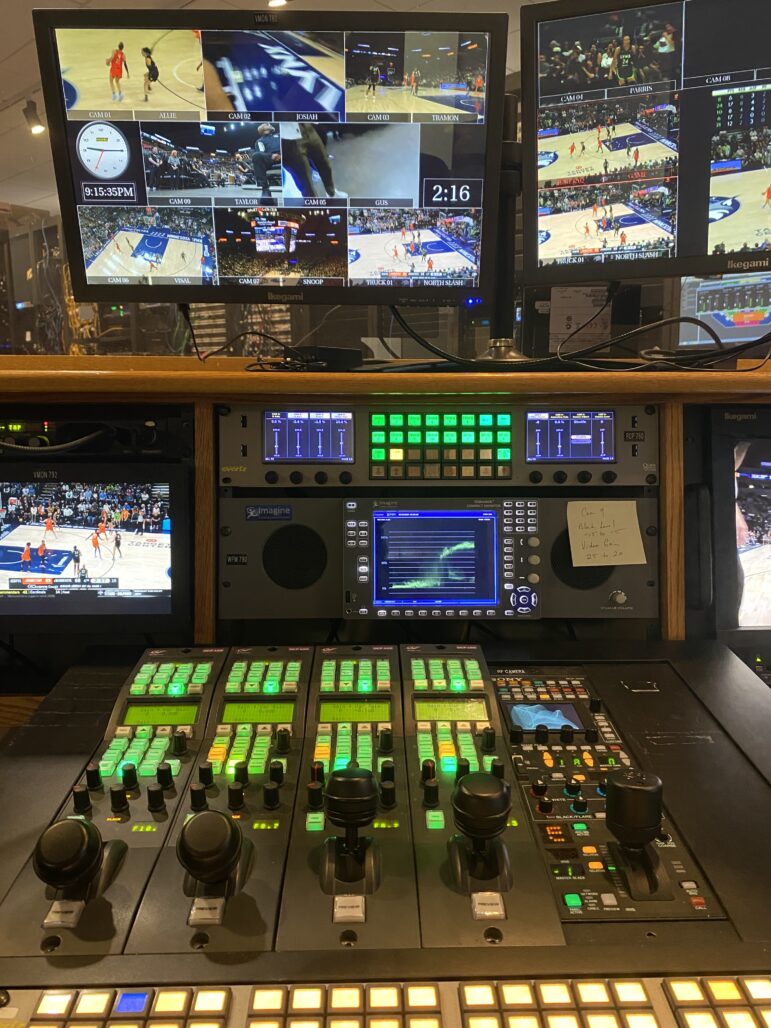 A behind the scenes look at how the in-house audio visual crew for the Minnesota Timberwolves and Lynx project video on the Target Center's jumbotron. 