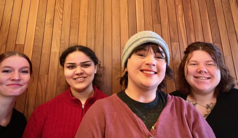 Workers from the recently unionized St. Cloud, Minn., Starbucks location pose for a photo: (Left to right) Maya Figallo, McKaylie Cobb, Courtney Fahland, Autumn Anderson.