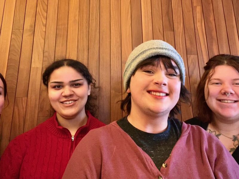 Workers from the recently unionized St. Cloud, Minn., Starbucks location pose for a photo: (Left to right) Maya Figallo, McKaylie Cobb, Courtney Fahland, Autumn Anderson.