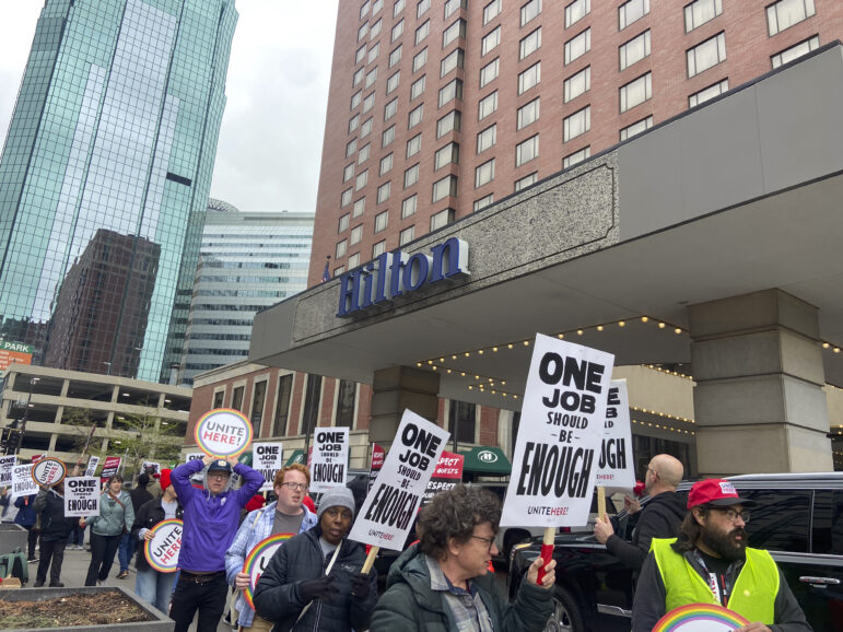 Workers rallying in front of the Hilton hotel in downtown Minneapolis.