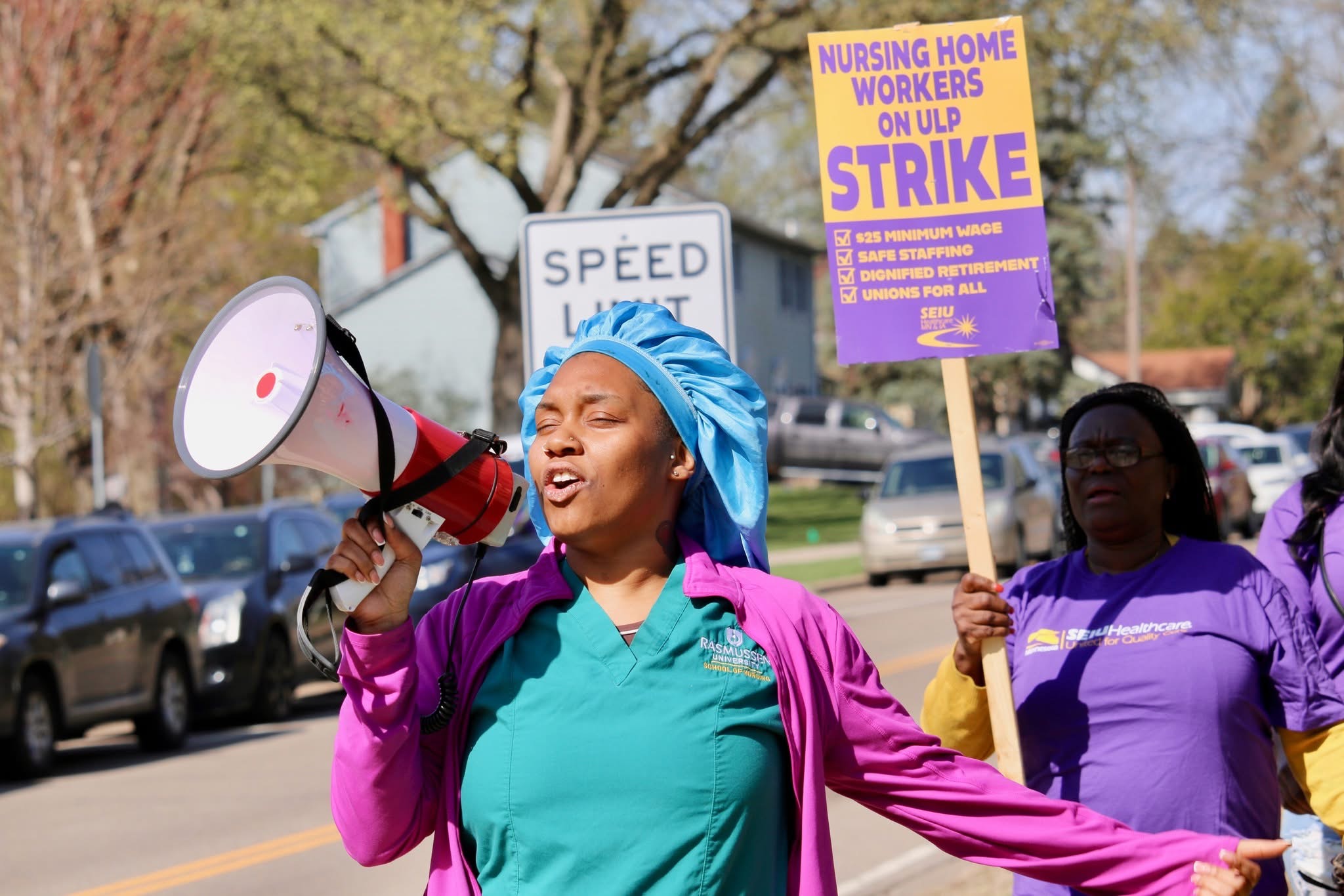 A nursing home worker with SEIU Healthcare MN & IA on a picket line in April.